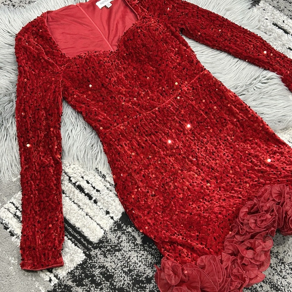 Faeriesty Women's Red Sequin Long Sleeve Mini Dress Size Medium - Picture 3 of 5